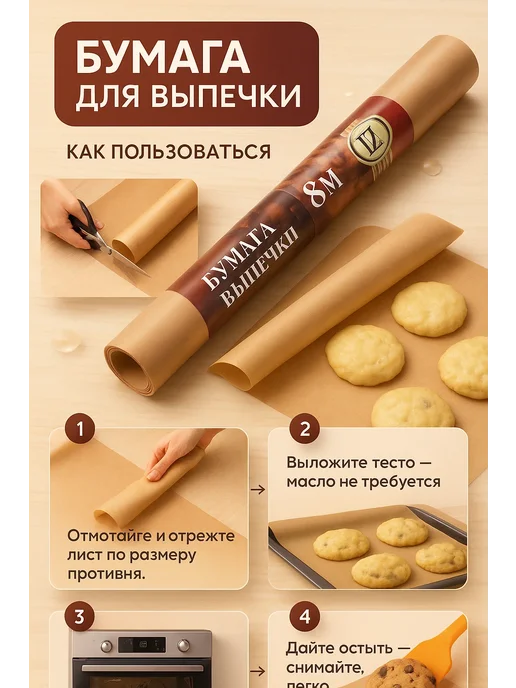 бан11 Пергаментная силиконизированная бумага 38×8 м для запекания, 38x8 м, фото 2