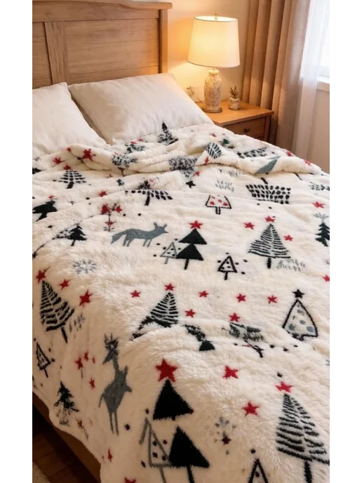 Плед покрывало на кровать флис пушистый 180x200 новогодние, 180x200