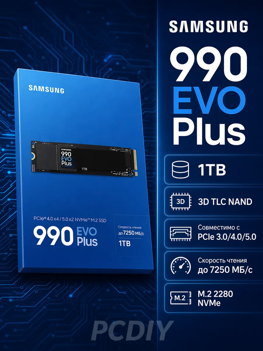 Samsung 990EVO PLUS 1TB Внутренний SSD 990PRO без кеша 1 ТБ