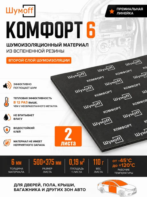 Шумоизоляция Комфорт Софт 6мм. Теплоизоляция самоклеящаяся, вариант