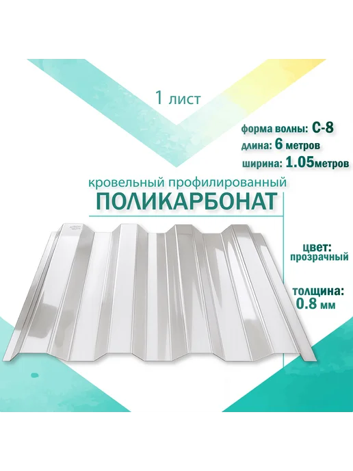 Пластилюкс Кровельный поликарбонат 0.8 мм C-8, 1050x6000мм, 2шт, 1050x6000 мм, 1 шт, фото 2