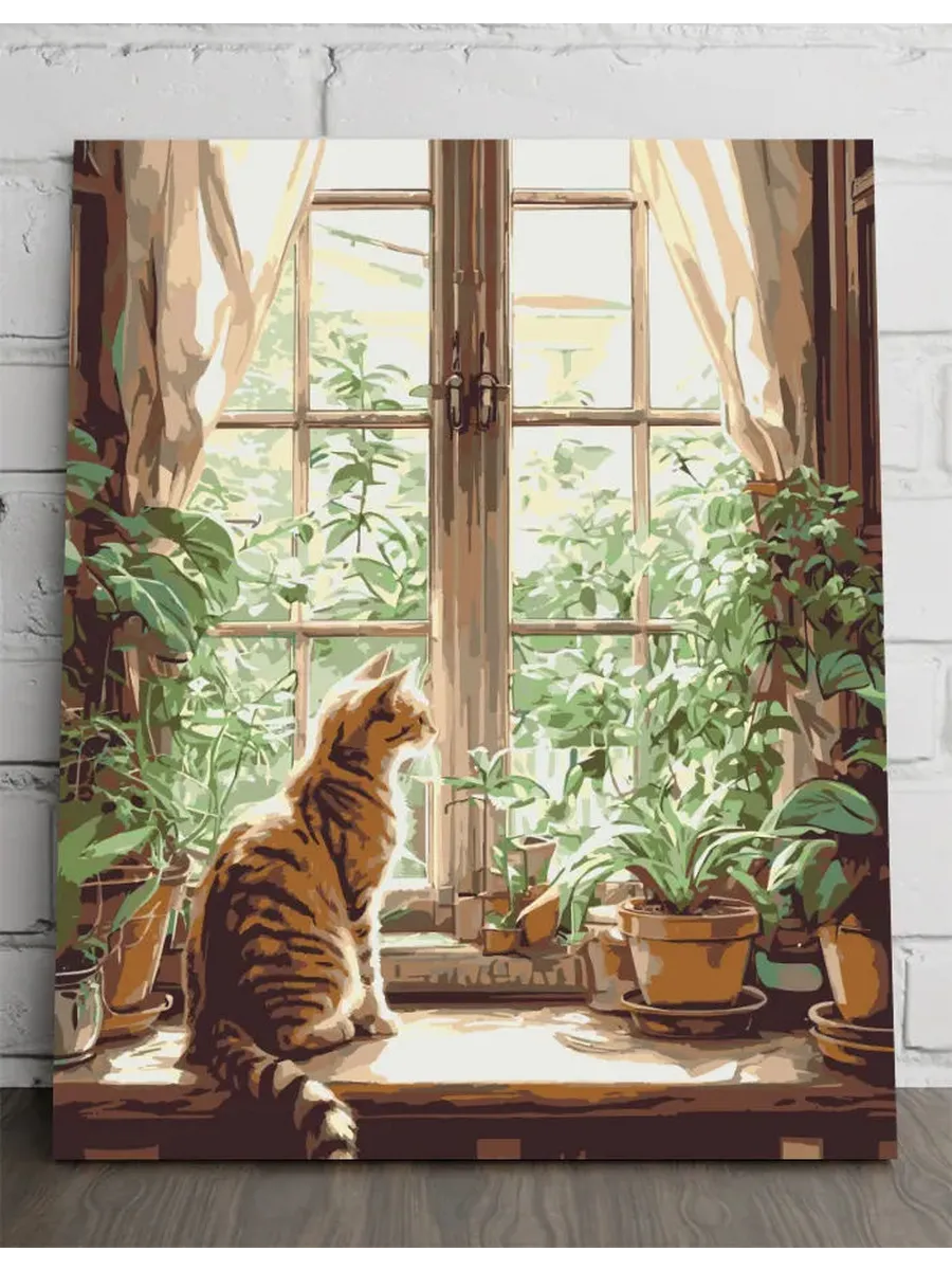 Картина по номерам - кошка на окне и женщина — 40×50 см