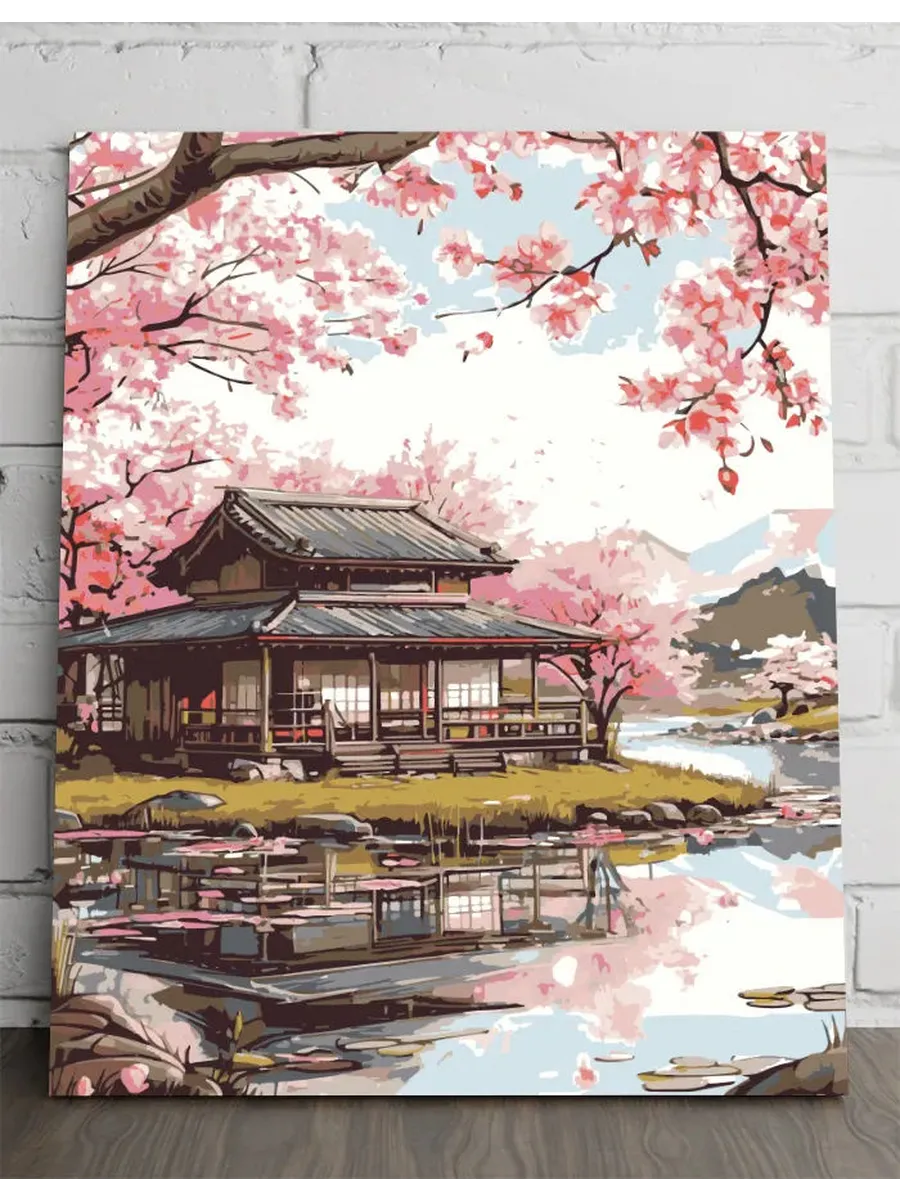 Картина по номерам - Домик с сакурой у пруда — 40×50 см