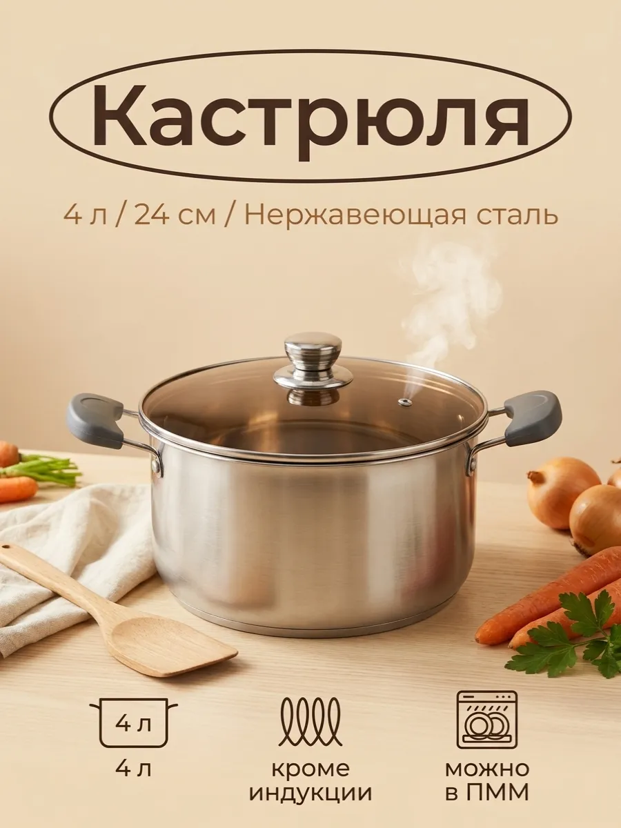 Кастрюля 4 литра с крышкой нержавеющая сталь