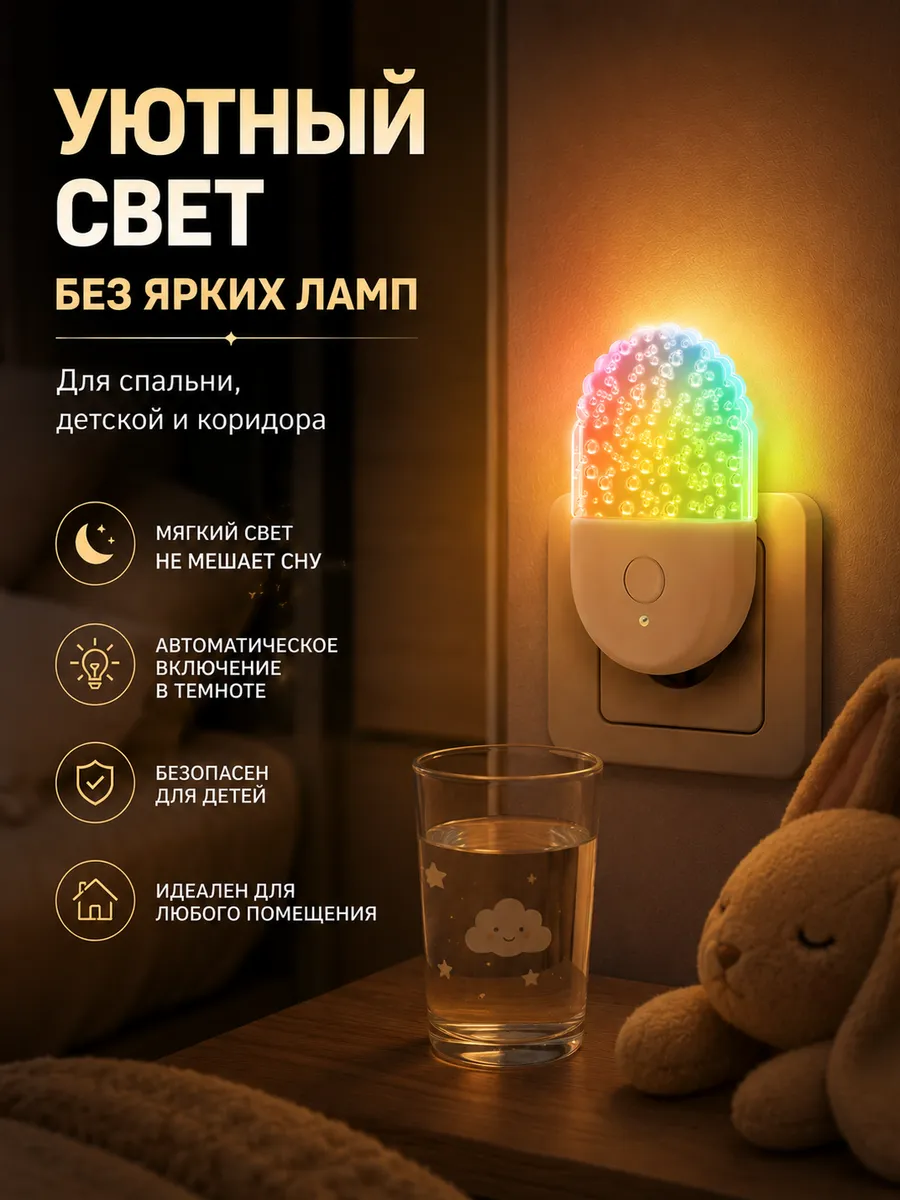 Ночник в розетку с датчиком света LED светильник
