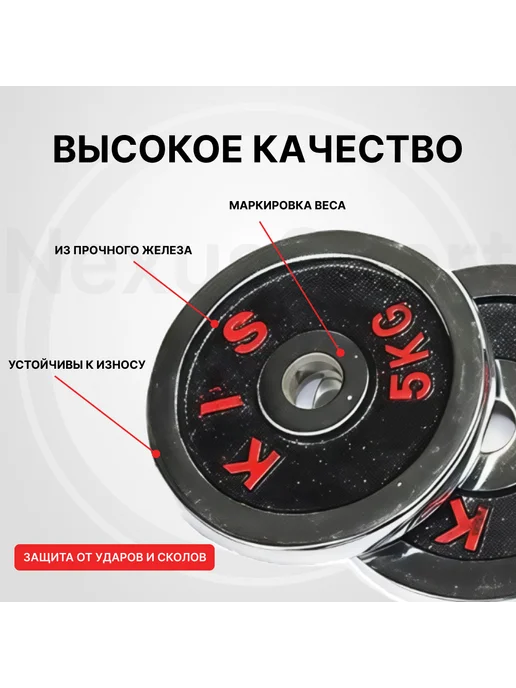 Nexus Sport Блины для штанги и гантелей 2×2.5 кг, диск 28 мм, хром, 2x5, фото 2