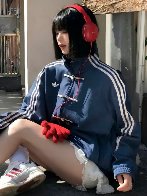 FAKE ID Кофта олимпийка в китайском стиле Adidas зипка у2к худи, синий, фото 4
