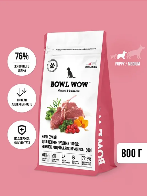 Сухой корм BOWL WOW для собак, щенки, индейка, ягненок, 0,8 кг
