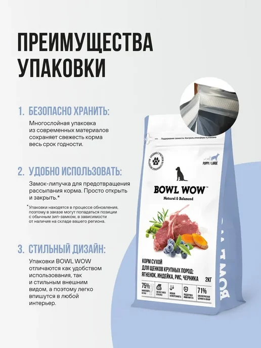 Сухой корм BOWL WOW Черн… для собак, крупные, щенки, индейка, ягненок, 2 кг, фото 7