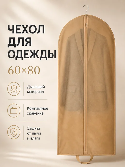 Чехол для одежды и костюмов на молнии, бежевый, в упаковке 110 г