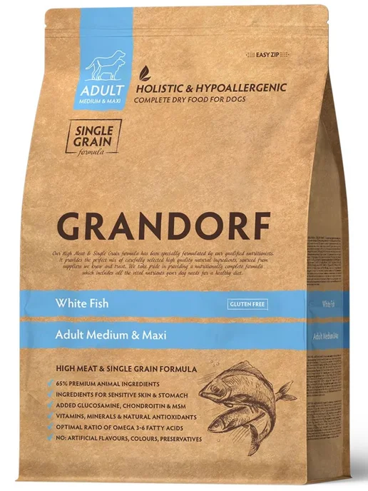 Сухой корм Grandorf' White Белая для собак, крупные, средние, рыба, 1 кг