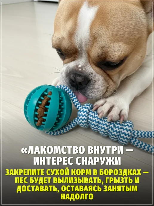 ЗООГЕНИЙ Игрушка для собак мяч на канате с отсеком для лакомств 38 см, голубой, фото 2
