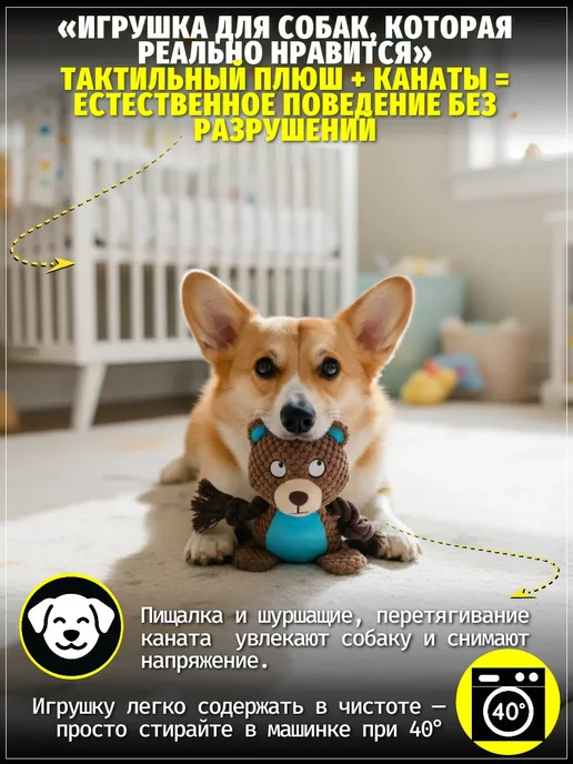 ЗООГЕНИЙ Мягкая игрушка Медведь для собак с пищалкой и канатами, вариант, фото 3