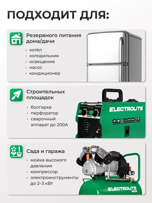 ELECTROLITE Генератор бензиновый 8000S 7.5 кВт, 25 л, 2 розетки, 25 л, фото 2