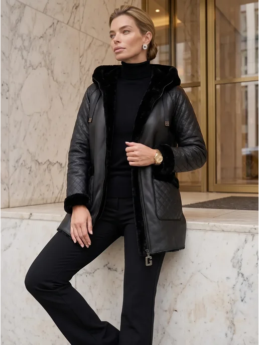 My WEAR Дубленка авиатор короткая Куртка больших размеров, черный, фото 7