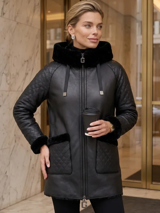My WEAR Дубленка авиатор короткая Куртка больших размеров, черный, фото 8