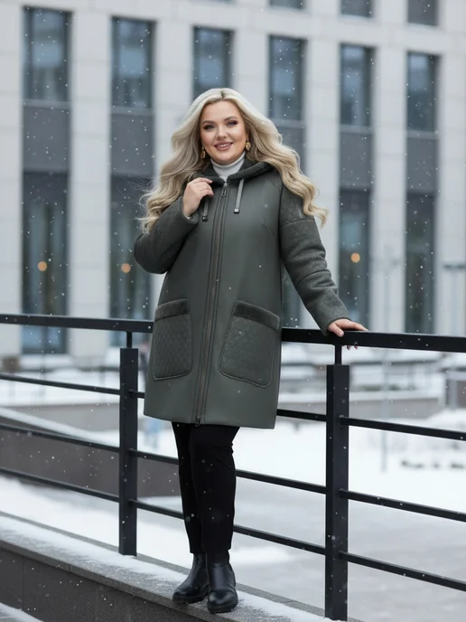 My WEAR Дубленка авиатор короткая Куртка больших размеров, зеленый, фото 2
