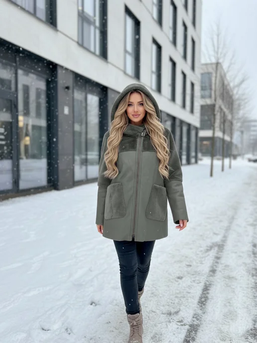 My WEAR Дубленка авиатор короткая Куртка больших размеров, серый, фото 5