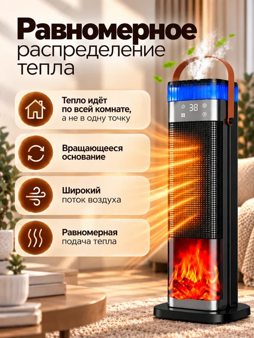 DAWAS Тепловентилятор обогреватель 3в1 с увлажнителем и 3D камином, черный, фото 2