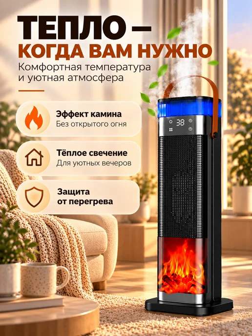 DAWAS Тепловентилятор обогреватель 3в1 с увлажнителем и 3D камином, черный, фото 5