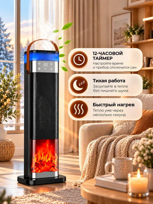 DAWAS Тепловентилятор обогреватель 3в1 с увлажнителем и 3D камином, черный, фото 7