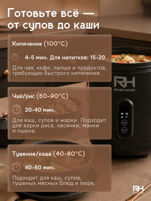 RiverHome Мини мультиварка портативная маленькая миниповар, черный, фото 2