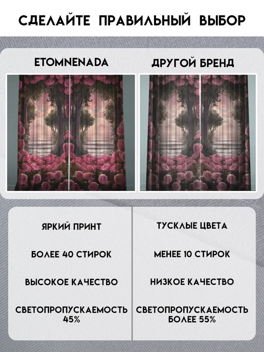 ETOMNENADA Шторы в спальню и для гостиной цветы Розы 145х260 2 шт, 145x260, 2 шт, фото 3