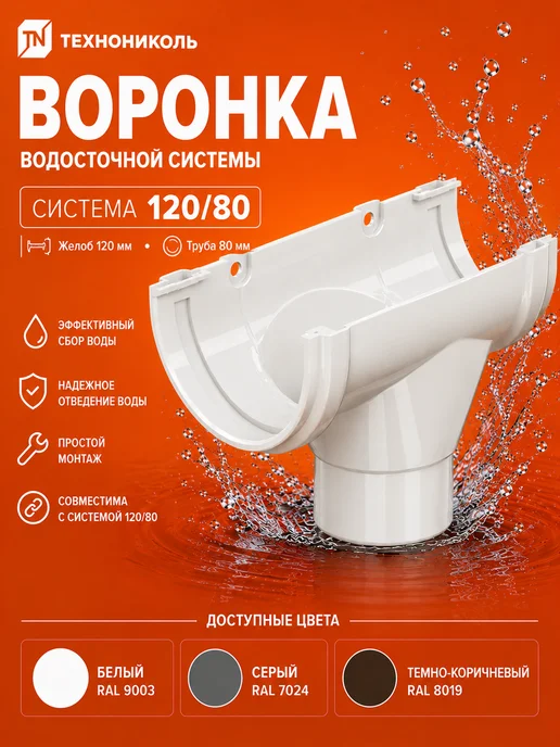 ТехноНИКОЛЬ Воронка желоба ТН ОПТИМА 120 80, белая, белый