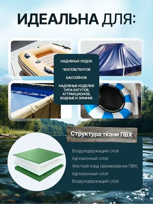 Лодочная ткань ПВХ 750 г м2 размер 25х218см цвет зеленый, 750 г, фото 2