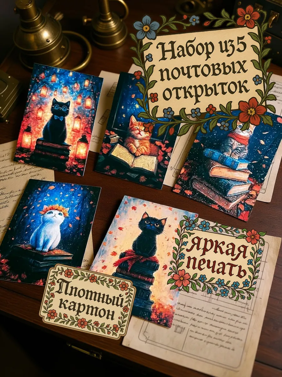 Набор открыток кот и книги 6