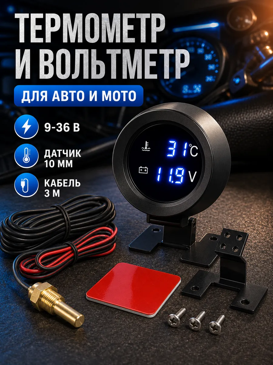 Датчик температуры двигателя цифровой с вольтметром 12v 24v