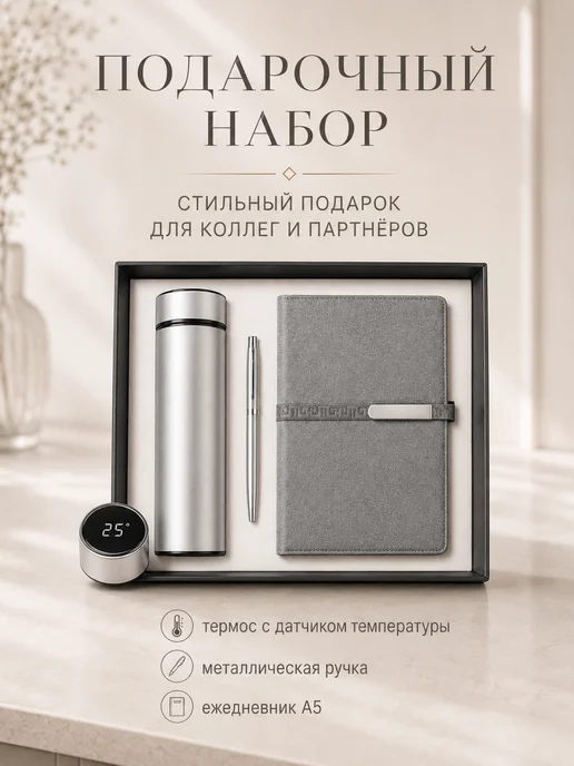 Подарочный набор с термосом, ручкой и блокнотом, серый, серый