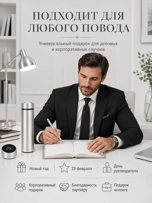 Подарочный набор с термосом, ручкой и блокнотом, серый, серый, фото 8