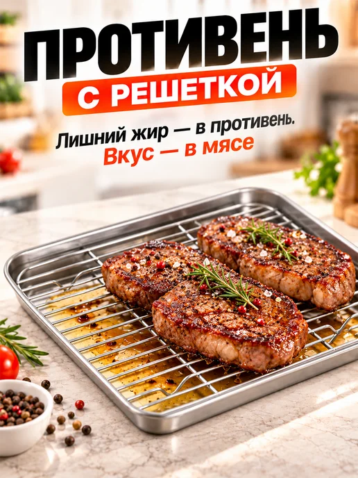 Противень плоский для духовки с решеткой для запекания, серый, фото 3