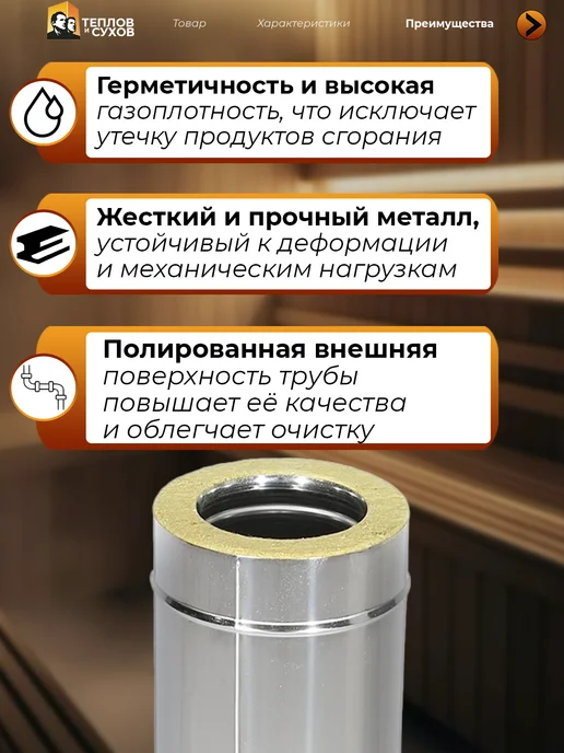 Теплов и Сухов Дымоход-сэндвич Труба Термо 1 м (430-0,5 мм) D120 200, Нерж, 1 м, фото 3