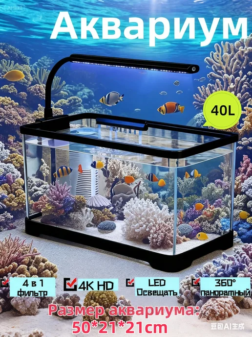 Аквариум 50*21*21см с подсветкой и фильтром, 50x21