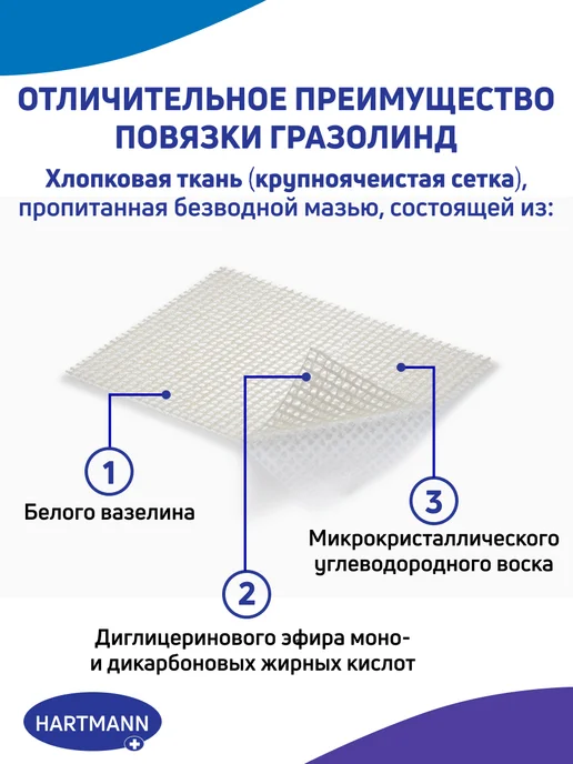 HARTMANN Повязка мазевая Гразолинд сеточка для ран 7,5х10 см, 10 шт, 7.5x10 см, 10 шт, фото 4