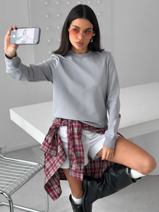Basic look Свитшот однотонный без начеса серый, серый, фото 3