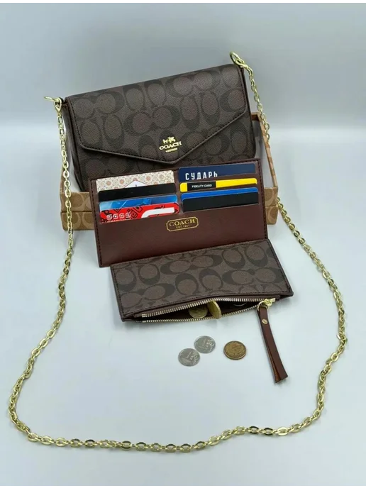 Модная клатч coach 3в1 ремень цепочка, коричневый, фото 2