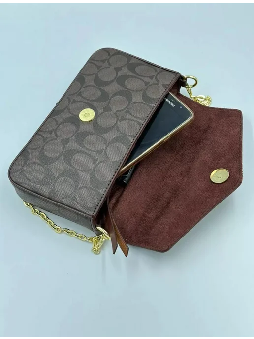 Модная клатч coach 3в1 ремень цепочка, коричневый, фото 8