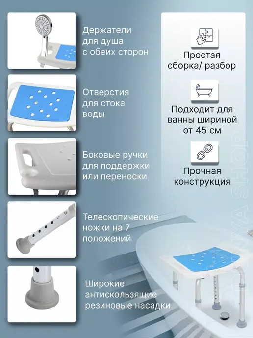 Сиденье для ванной для пожилых, синий, фото 3