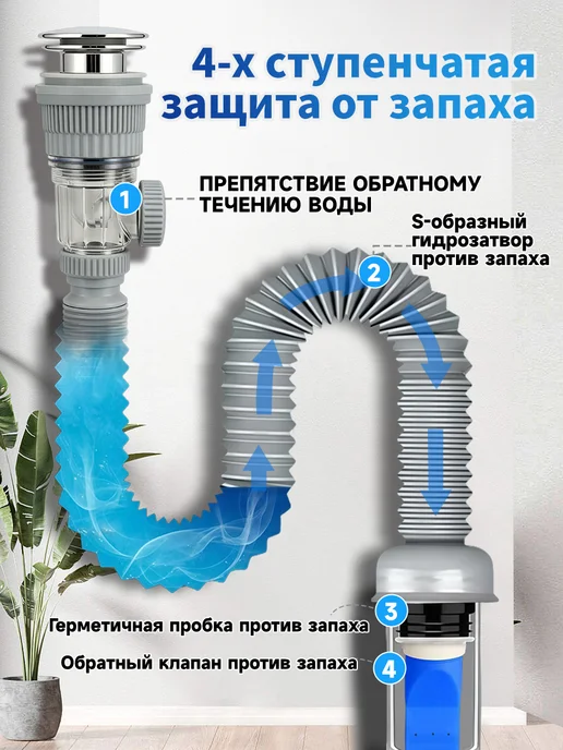 Сифон клик клак для умывальника и раковины в ванной и кухне, серый, фото 5