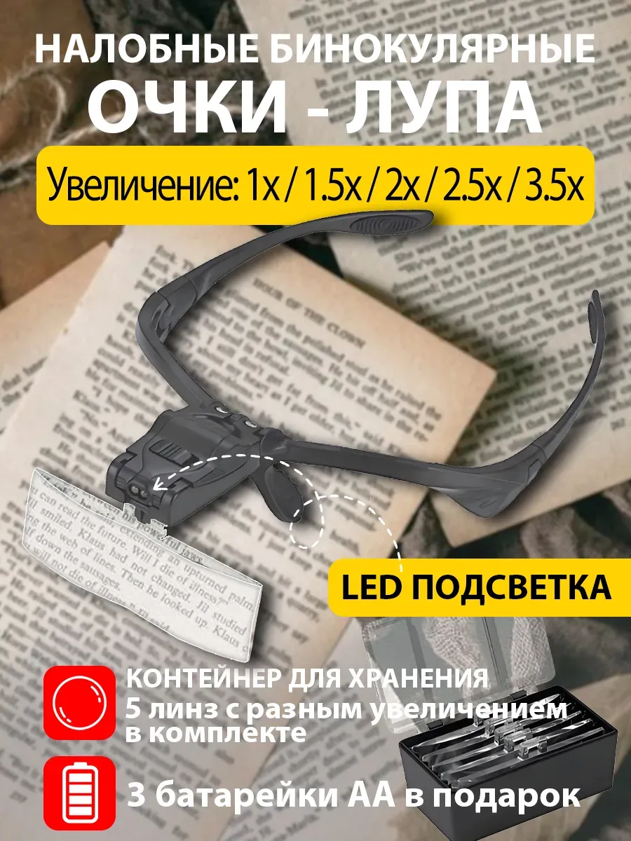 Очки лупа с подсветкой и встроенным аккумулятором 3,5X