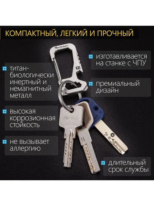 Автомобильный брелок титановый мультитул карабин отвертка, титан, фото 2