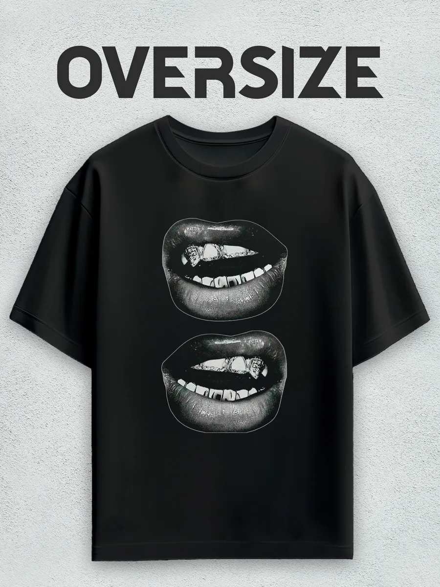 Футболка оверсайз с принтом y2k губы оскал grillz