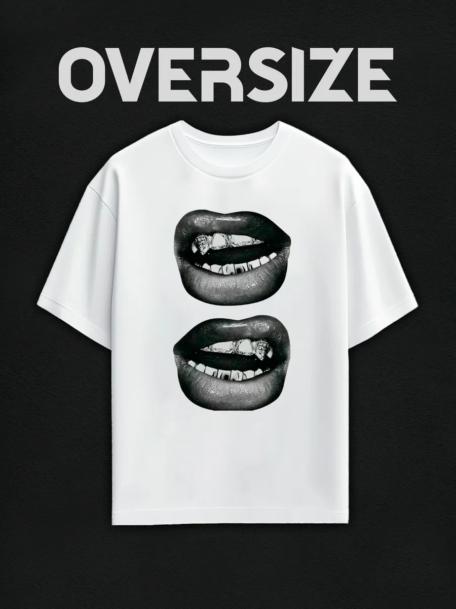 Футболка оверсайз с y2k принтом губы оскал грилзы