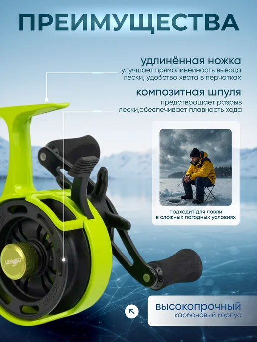 Катушка мультипликаторная зимняя Зеленая (ЛЕВАЯ), зеленый, фото 2