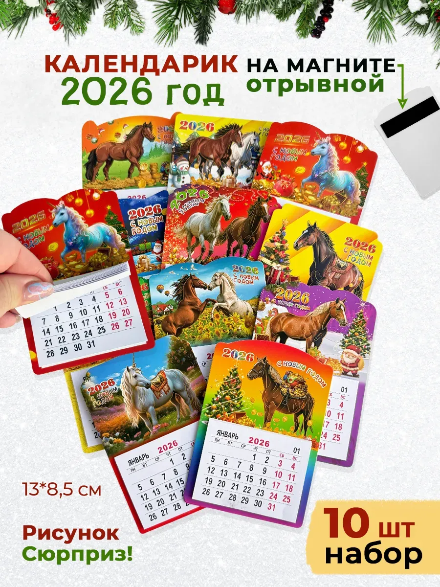 Календарь новогодний 2026 на магните символ года набор 10 шт