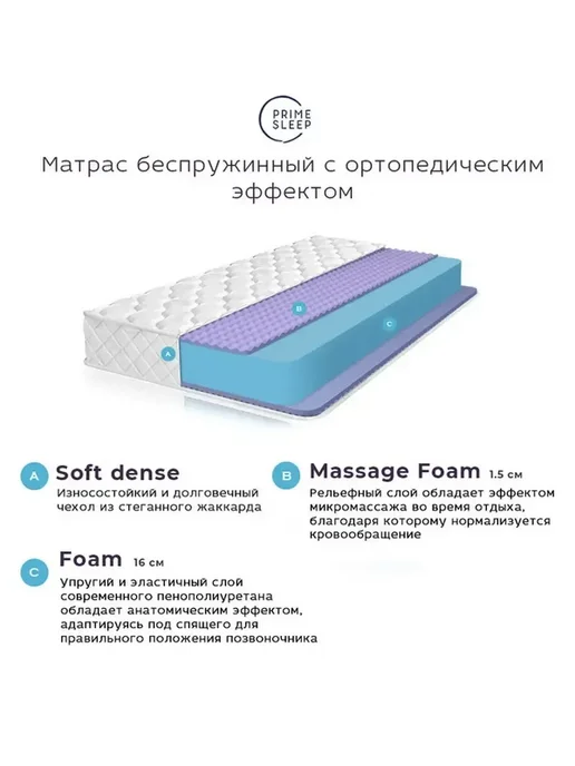 Prime Sleep Матрас 85х200 беспружинный ортопедический, 85x200, фото 2