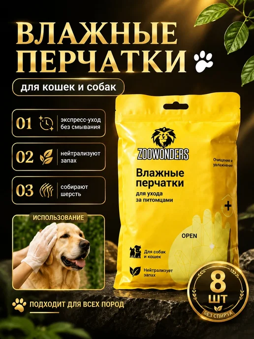 ZooWonders Салфетки-перчатки влажные для шерсти кошек и собак, 8 шт